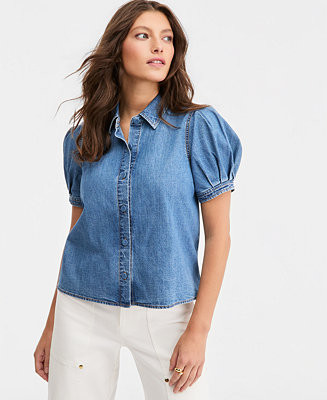 Women's Cotton Puffed-Sleeve Denim Shirt | Macy's