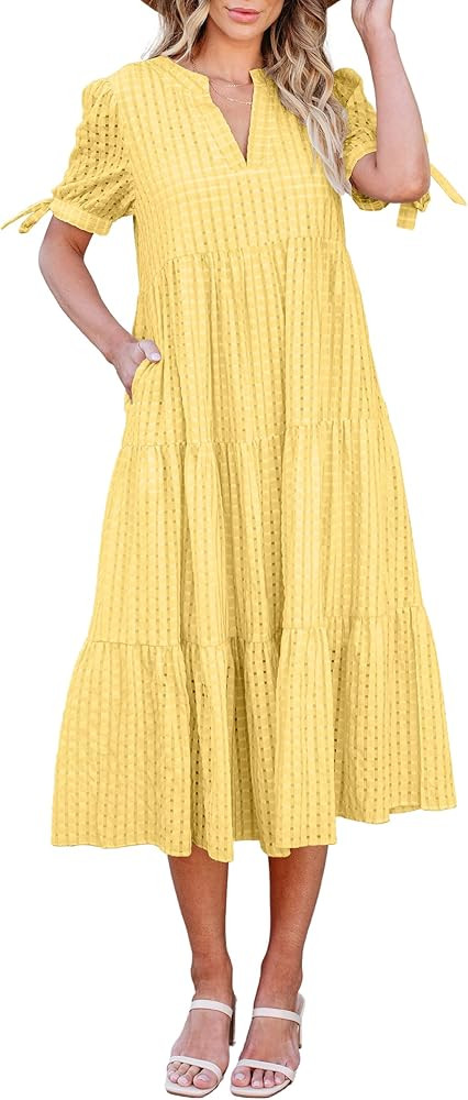 ECOWISH Women Summer Casual Dress - V Neck Short Sleeve Gingham Midi Pleated Tiered Loose Fit Hol... | Amazon (US)