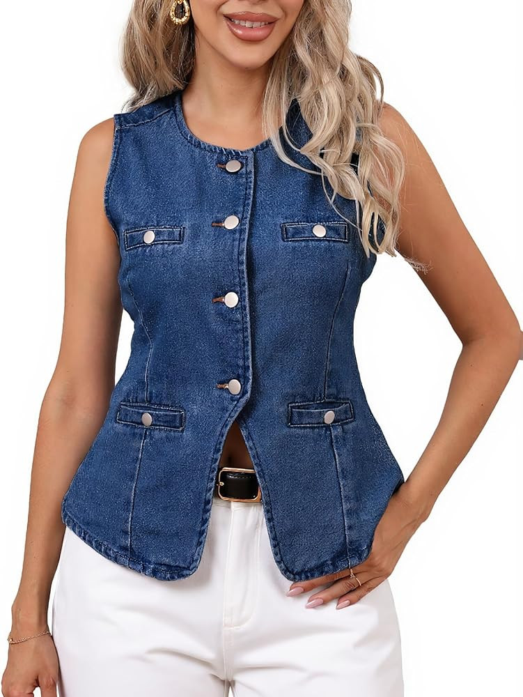 Ladyful Jean Vest Top for Women Sleeveless Button Down Denim Vest Crew Neck Fitted Western Waistc... | Amazon (US)