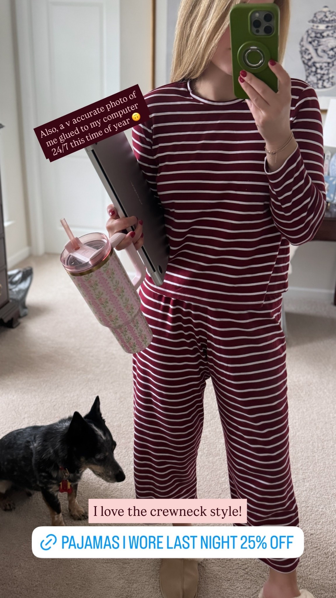 I love the crewneck style! Also, a v accurate photo of me glued to my computer 24/7 this time of year 🙃