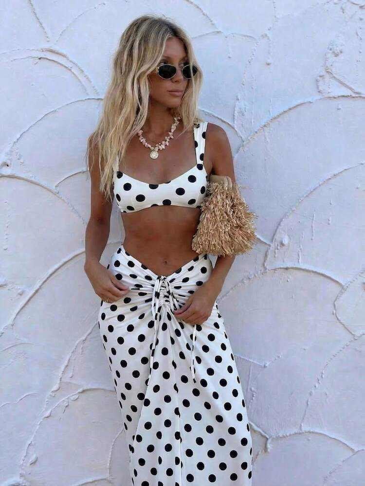 Women's Polka Dot Camisole Top And Drawstring Skirt 2-Piece Set. The Square Neck Camisole Highlights The Neck And Shoulder Lines. Vacation Beach | SHEIN