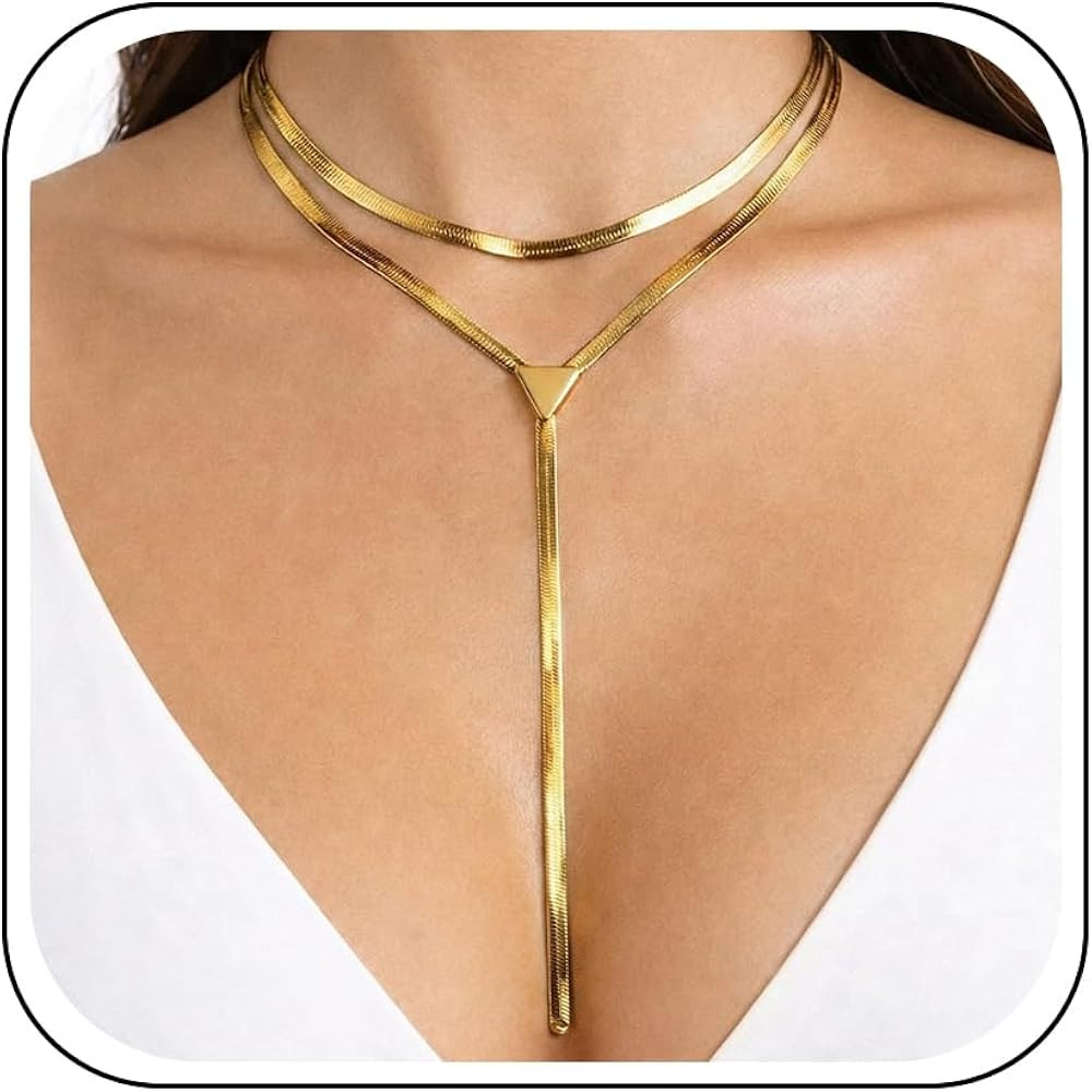 Gold Choker Necklace for Women Dainty Y-Shaped Long Necklaces for Women Layered Snake Chain Beade... | Amazon (US)