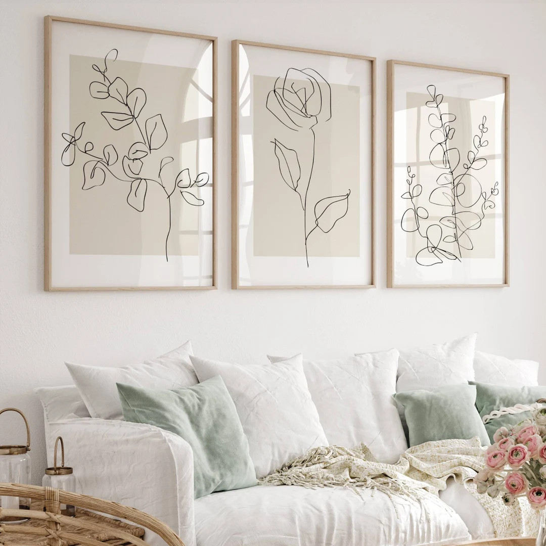 Set of 3 Neutral Botanical Prints, Plant Line Art Prints, Minimalist Beige Wall Decor for Modern ... | Etsy (US)