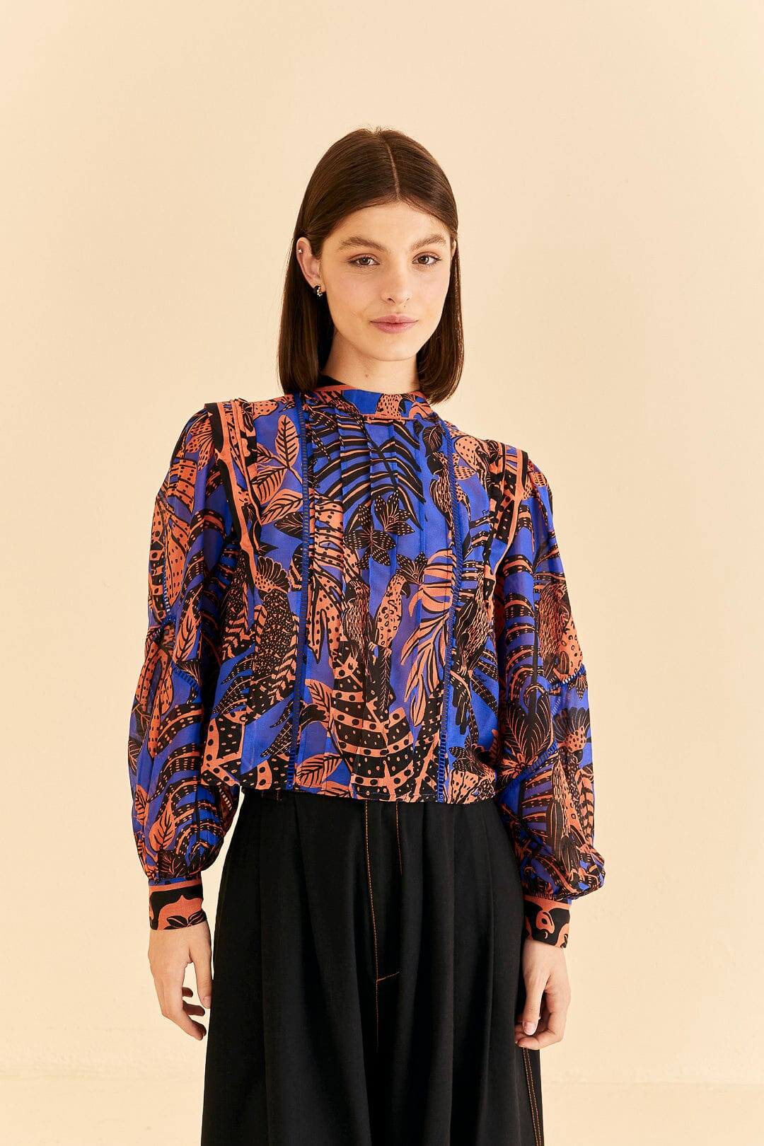 Blue Tropical Gold Pleated Long Sleeve Blouse | FarmRio (US)