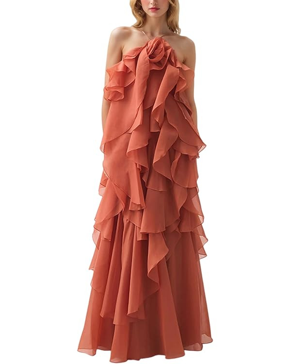 Women's Halter Ruffled Maxi Dress Layered Chiffon Floral Formal Occasion Dresses Evening Party Go... | Amazon (US)