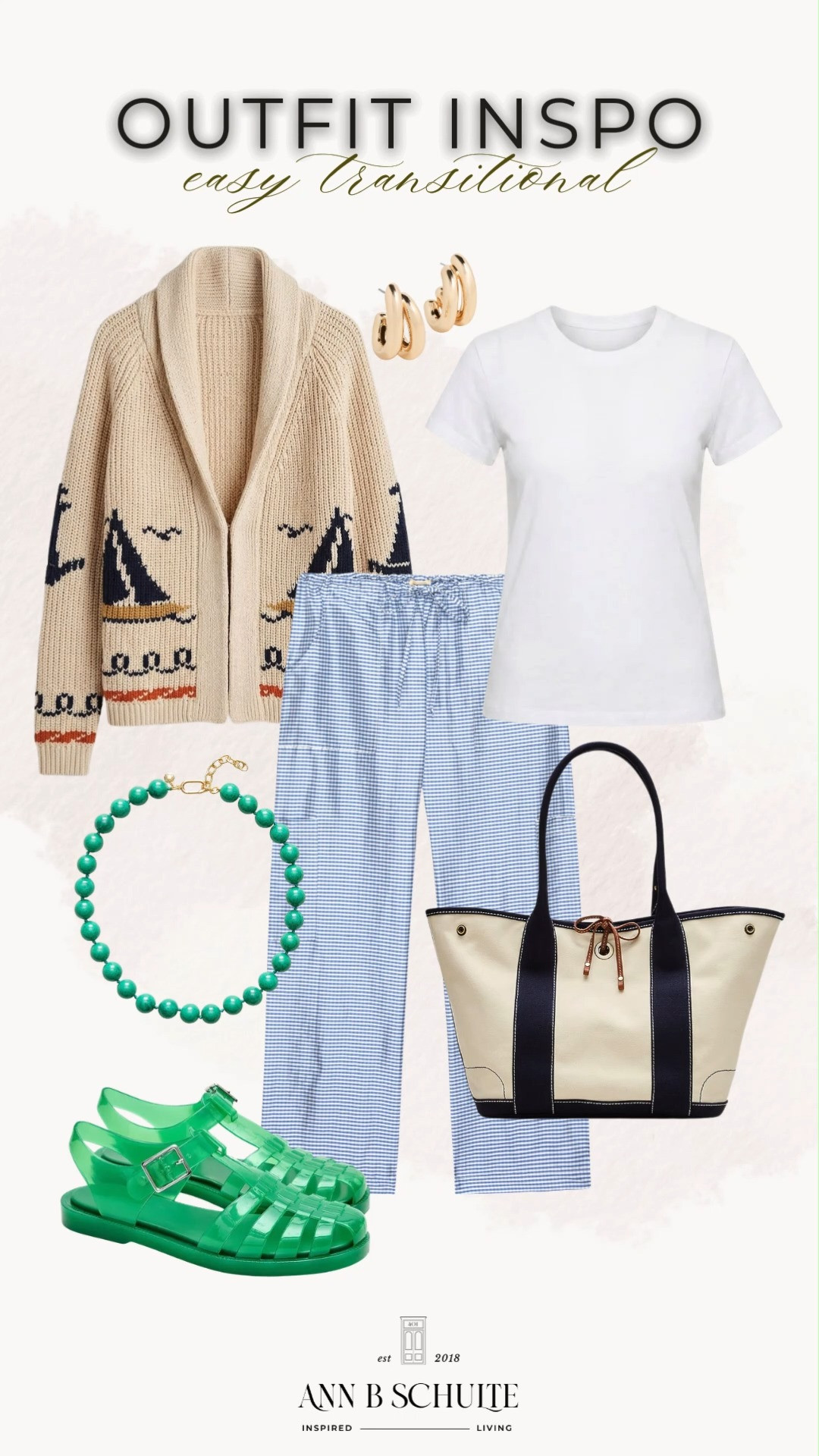The perfect in-between outfit is all about layers that do the heavy lifting. A breezy white tee and gingham pants keep things fresh, while the cozy cardigan adds just enough warmth. Finish it with colorful sandals, a roomy tote, and a little beaded necklace moment for an easy look that feels pulled together without trying too hard. 💚🤍✨

#TransitionalStyle #TransitionalOutfit #EasyOutfitIdeas #CasualChic #EverydayStyle #GinghamStyle #LayeredOutfit #SpringStyle #SummerOutfitIdeas #OutfitInspiration 

 #LTKootd