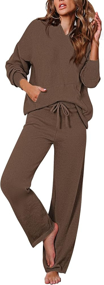 Viottiset Women's 2 Piece Outfits Sweater Set Long Sleeve Hoodies With Pocket Wide Leg Pants Loun... | Amazon (US)