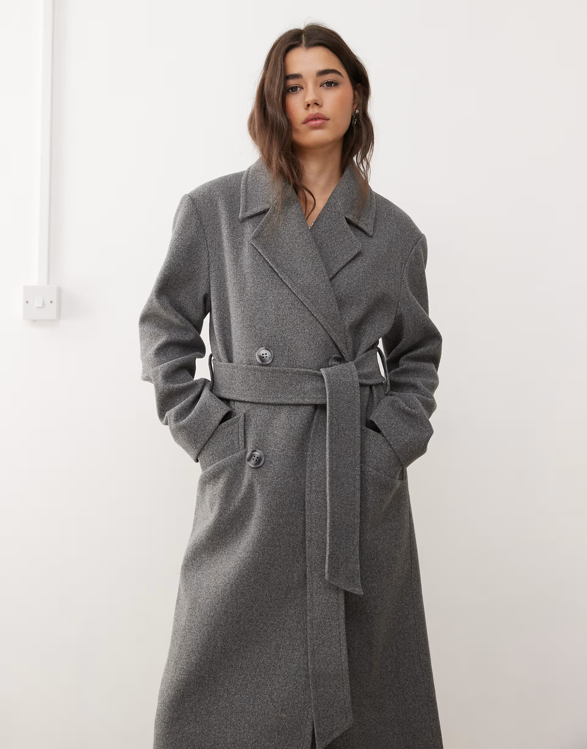 Miss Selfridge belted wrap formal coat in grey marl | ASOS (Global)