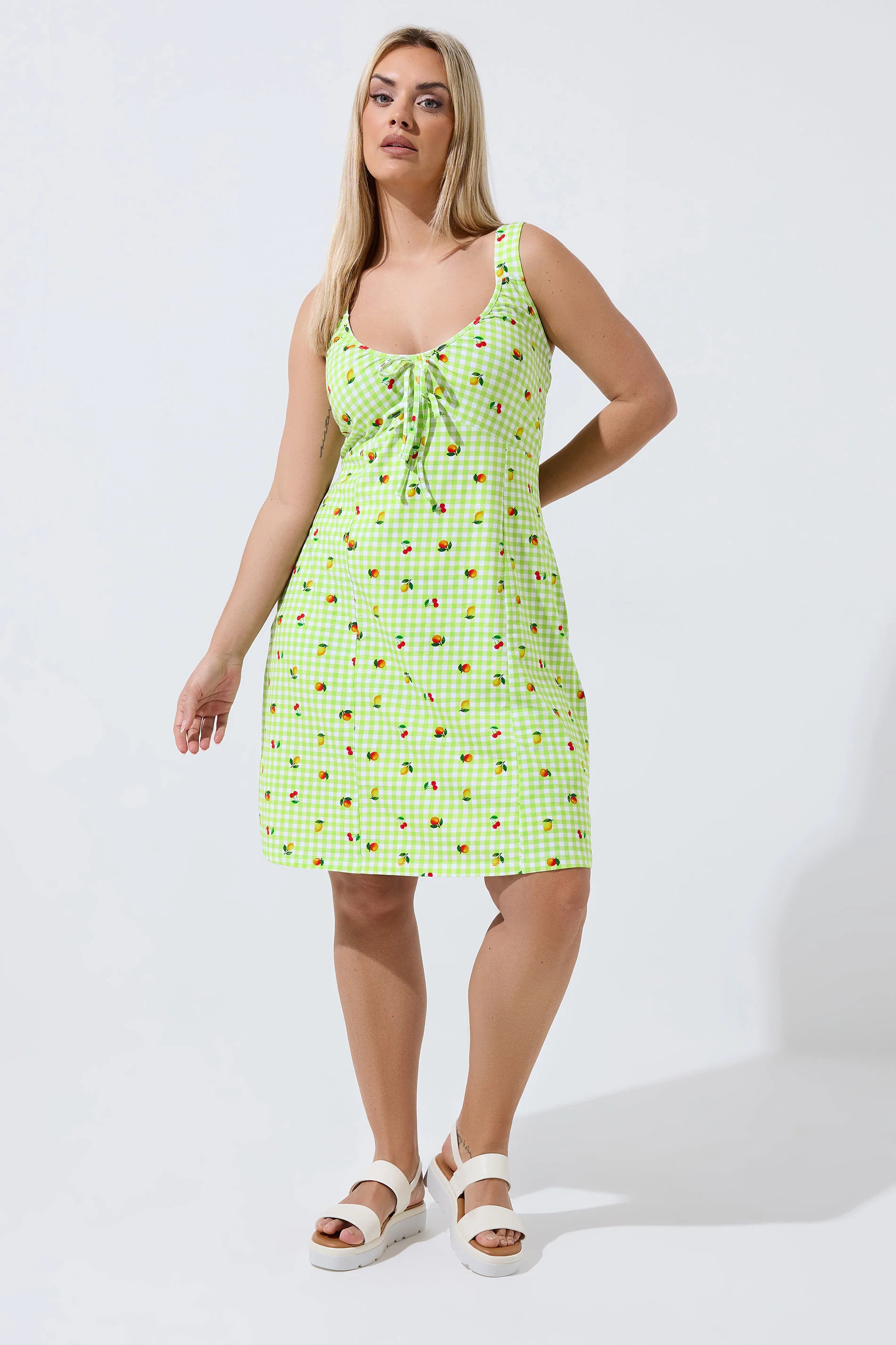 LIMITED COLLECTION Plus Size Green Gingham Fruit Print Mini Dress | Yours Clothing UK