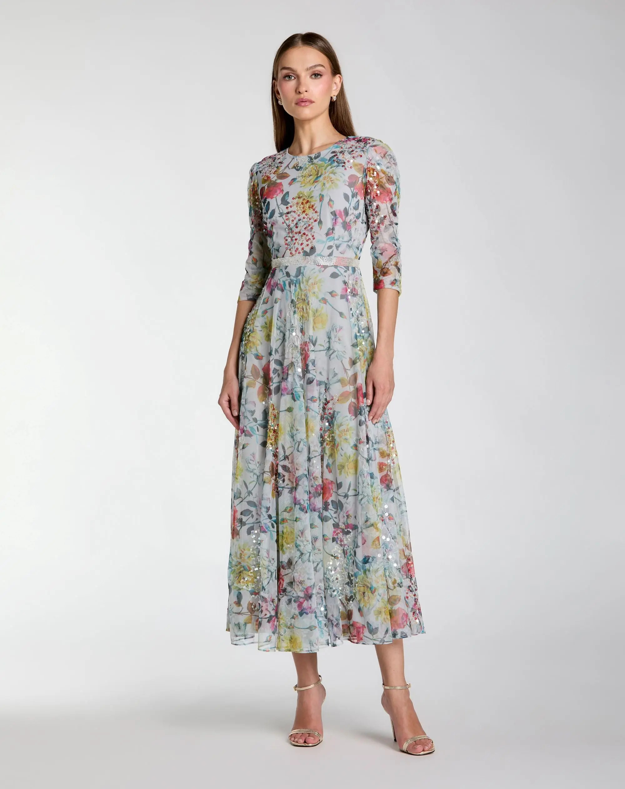 Blue Multicolor Floral Midi Dress With 3/4 Sleeves | Mac Duggal | Mac Duggal