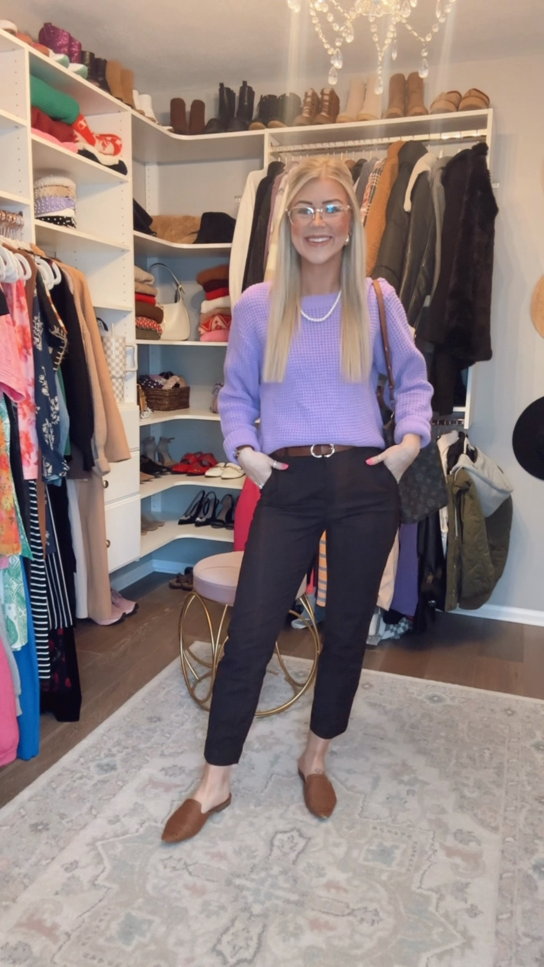 late winter work ootd // early spring work ootd // affordable fashion // lavender sweater // women’s work slacks // pearl claw clip // pearl necklace // women’s flats // women’s Rayban glasses // trendy chain earrings // chunky gold designer inspired earrings // healthcare admin ootd // corporate looks // women workwear 

#LTKWorkwear #LTKSeasonal