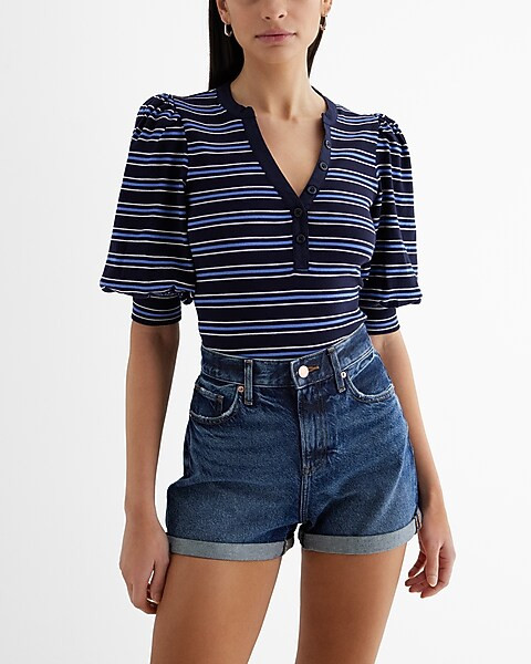 Striped Puff Sleeve Henley Tee | Express