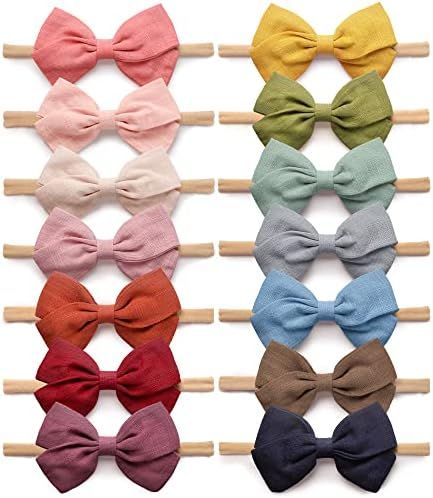 14 Pack Baby Girls Nylon Headbands Linen Hair Bows Hairbands Handmade Hair Accessories for Newborn I | Amazon (US)