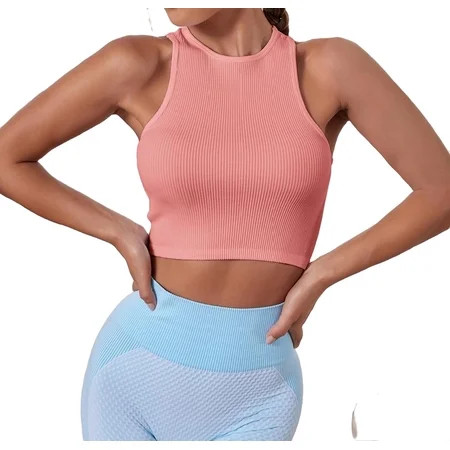 Womens Activewear Sports Tees & Tanks Solid Color Round Neck High Stretch Coral Pink M | Walmart (US)