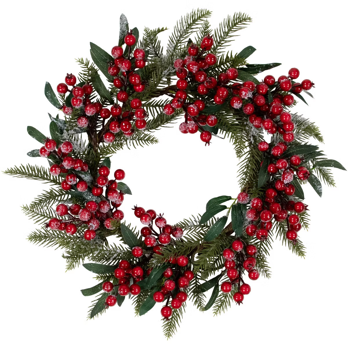 Northlight 18" Unlit Frosted Green Leaves and Red Berries Artificial Christmas Wreath | Target