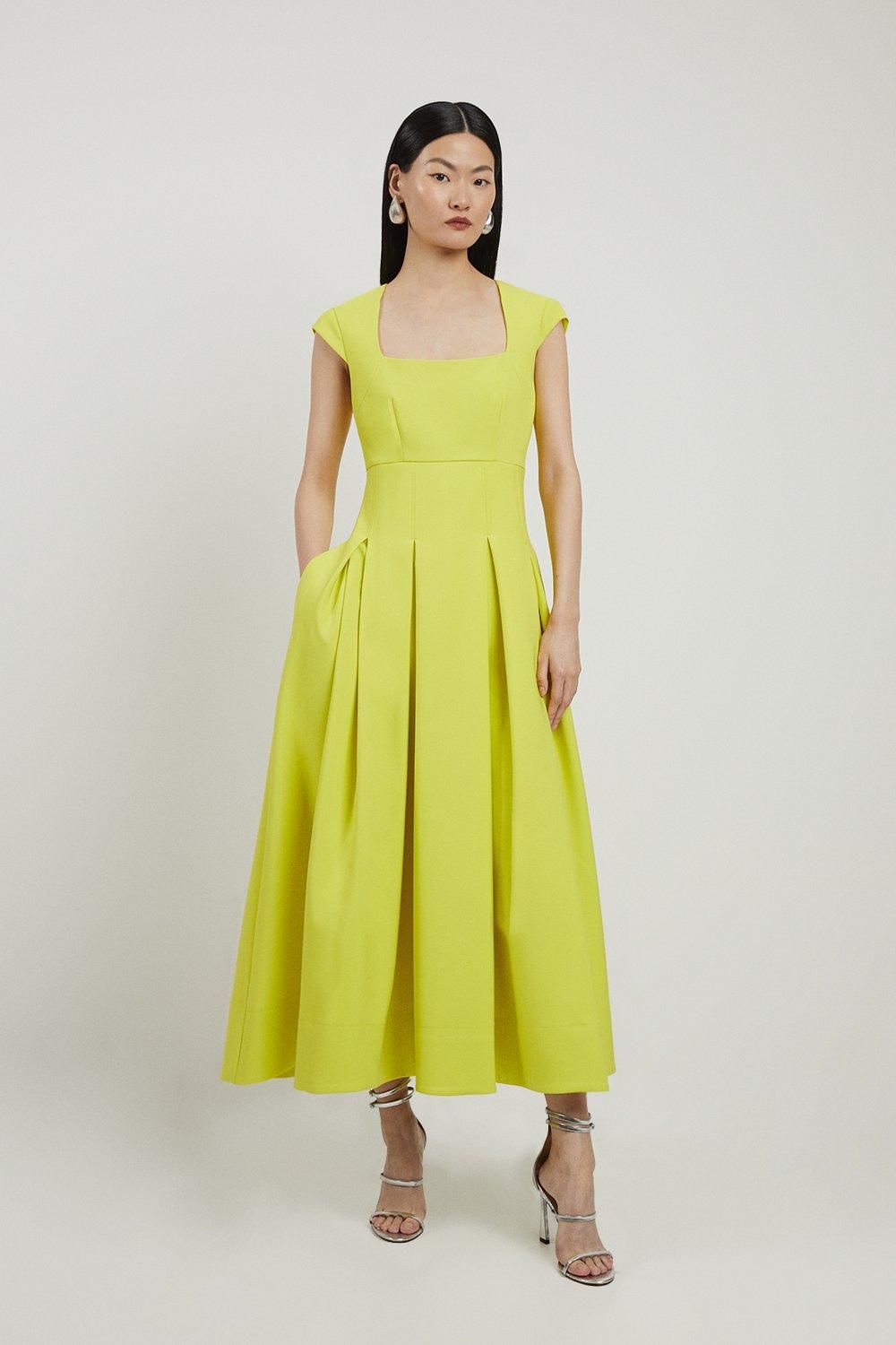 Clean Tailored Square Neck Full Skirted Midi Dress | Karen Millen US