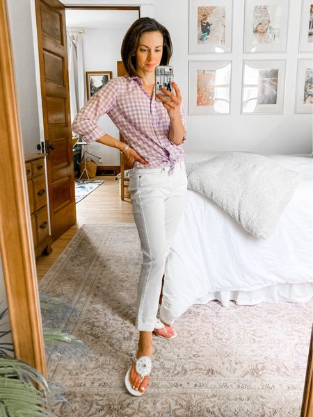 Casual look with white jeans!
Linked similar tops, mine is old fro J.Crew, wearing size XXS. 
Wearing size 00 petite jeans, order 1 size down from your usual size (these are a little big on me). 
Petite outfit. Spring outfit. Preppy outfit  

#LTKSeasonal #LTKstyletip #LTKunder100