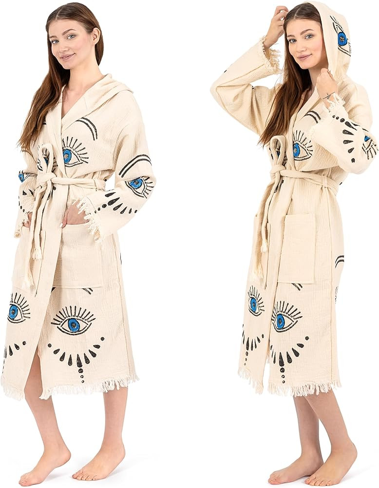 Evil Eye Kimono Handmade Hooded Boho Beachwear Cover Up Robe Kimono Bathrobe Cotton Cardigan For ... | Amazon (US)