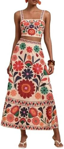 THLAI Skirt Sets Women 2 Piece Outfits Tropical Floral Print Crop Top and A-line Maxi Skirt Summe... | Amazon (US)