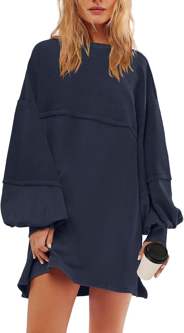 Panadila Womens Oversized Long Sleeve Patchwork Sweatshirt Dress Crewneck Tunic Sweatshirts Fall ... | Amazon (US)