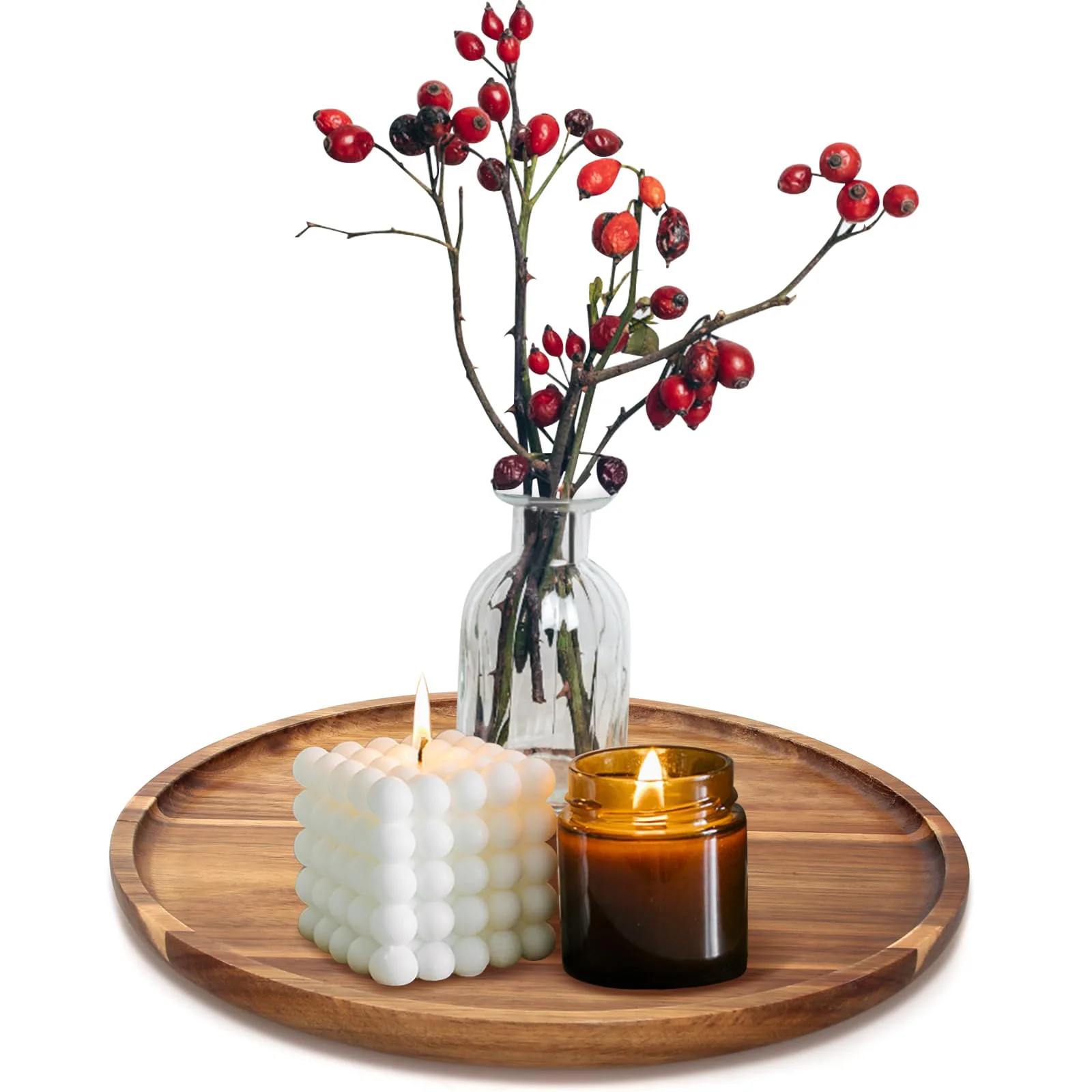 Yichuhaoxi Acacia Wood Round Decorative Tray for Ottoman Coffee Table Candle Holder Kitchen Counter Centerpiece Dining Room Home Decor one_size | Lowe's