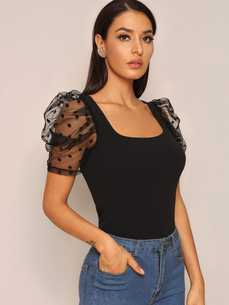 SHEIN Square Neck Sheer Dobby Mesh Puff Sleeve Top | SHEIN