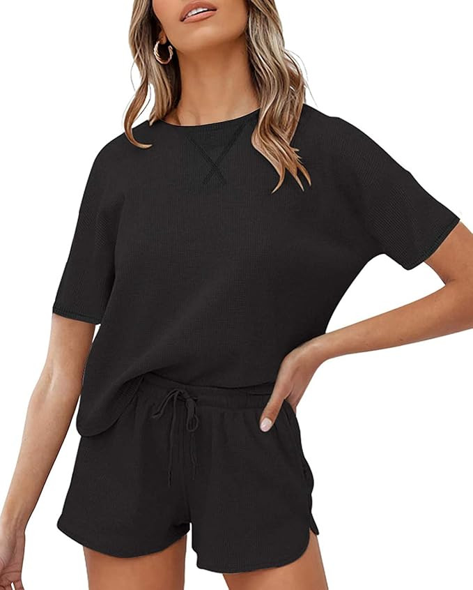 ZESICA Women's Waffle Knit Pajama Set Short Sleeve Top and Shorts Loungewear Athletic Tracksuits ... | Amazon (US)