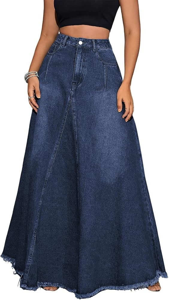 ebossy Women's Retro Distressed High Waist Frayed Hem A Line Wash Maxi Long Denim Skirt with Pock... | Amazon (US)