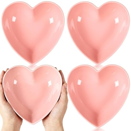 Reallnaive 4 Pcs 8 Inch Valentine's Day Heart Shaped Cereal Bowls Set, Pink Red Ceramic Deep Heart Plates, Valentine Romantic Dinnerware Bowl for Serving Dessert Soup, Salad Fruit Gift(Pink) | Amazon (US)