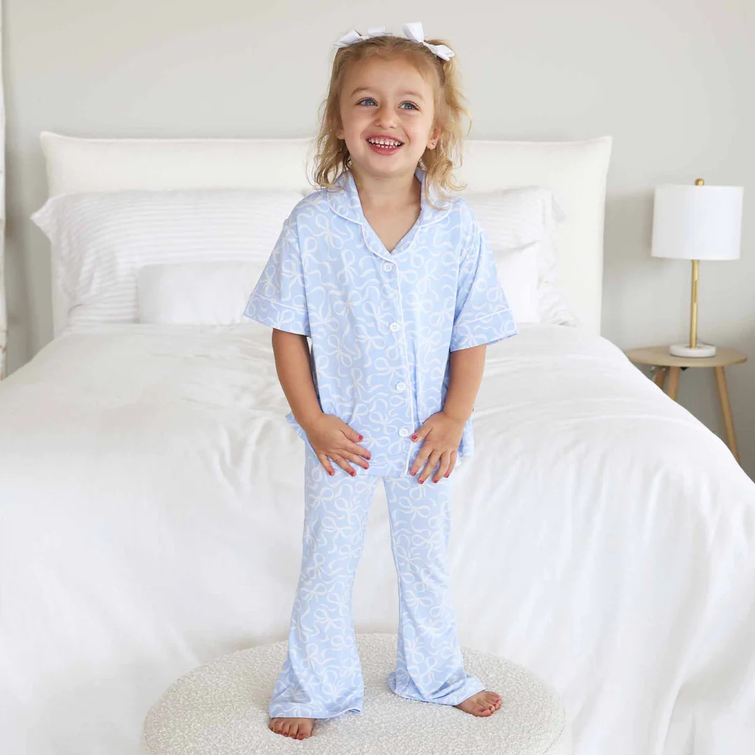 Girl's Two Piece Flare Lounge Set | Blue-tiful Bows | Caden Lane
