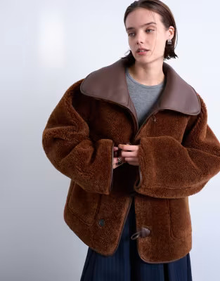 Shearling oversized reversible coat with button loop in chocolate | Topshop