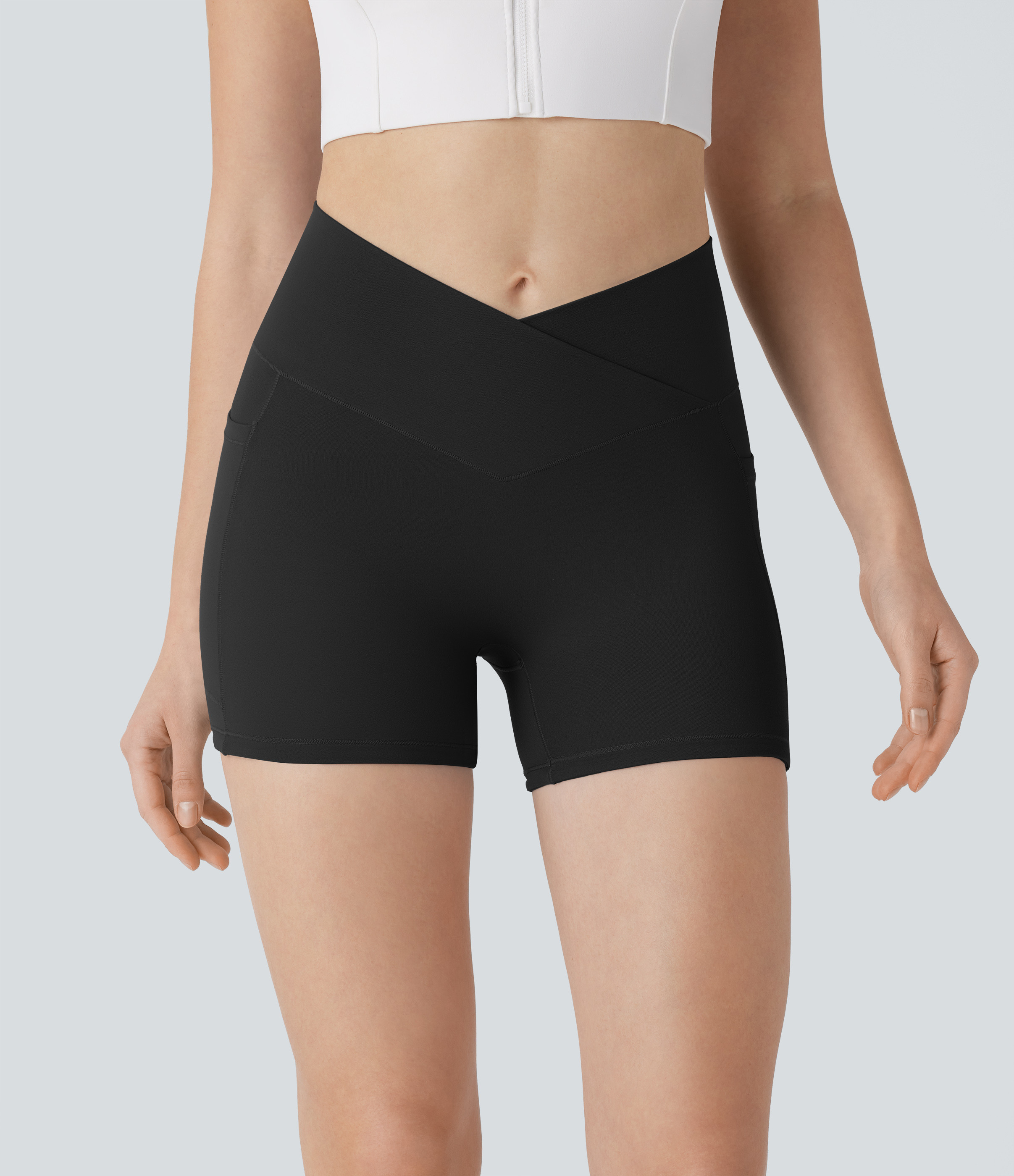 Halara Softlyzero™ Crossover High Waisted Side Pocket Antislip Yoga Biker Shorts 3''-UPF50+ - Black - S biker shorts women | HALARA