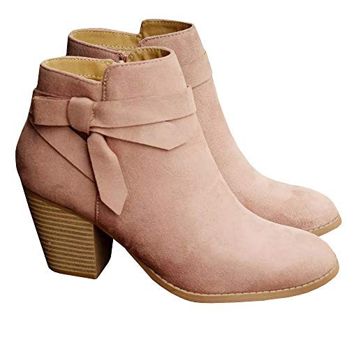 PiePieBuy Women's Tie Knot Chelsea Pump Ankle Boots Closed Toe Stacked Heel Booties Shoes,Pink, Size 9.5 | Amazon (US)