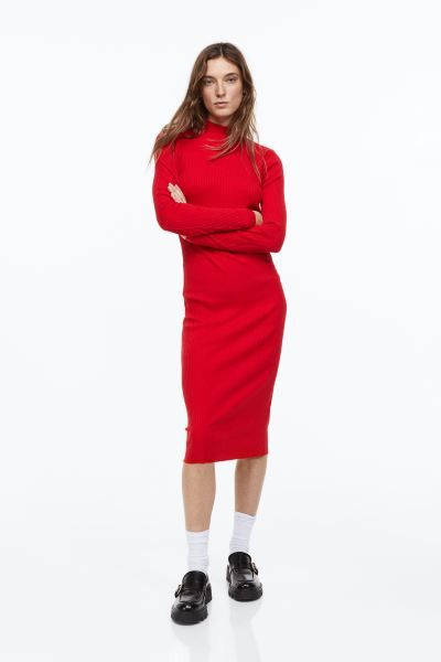 Ribbed Mock-turtleneck Dress | Red Dress Code | Red Sweater Dress | Spring 2023 Outfits | H&M (US + CA)