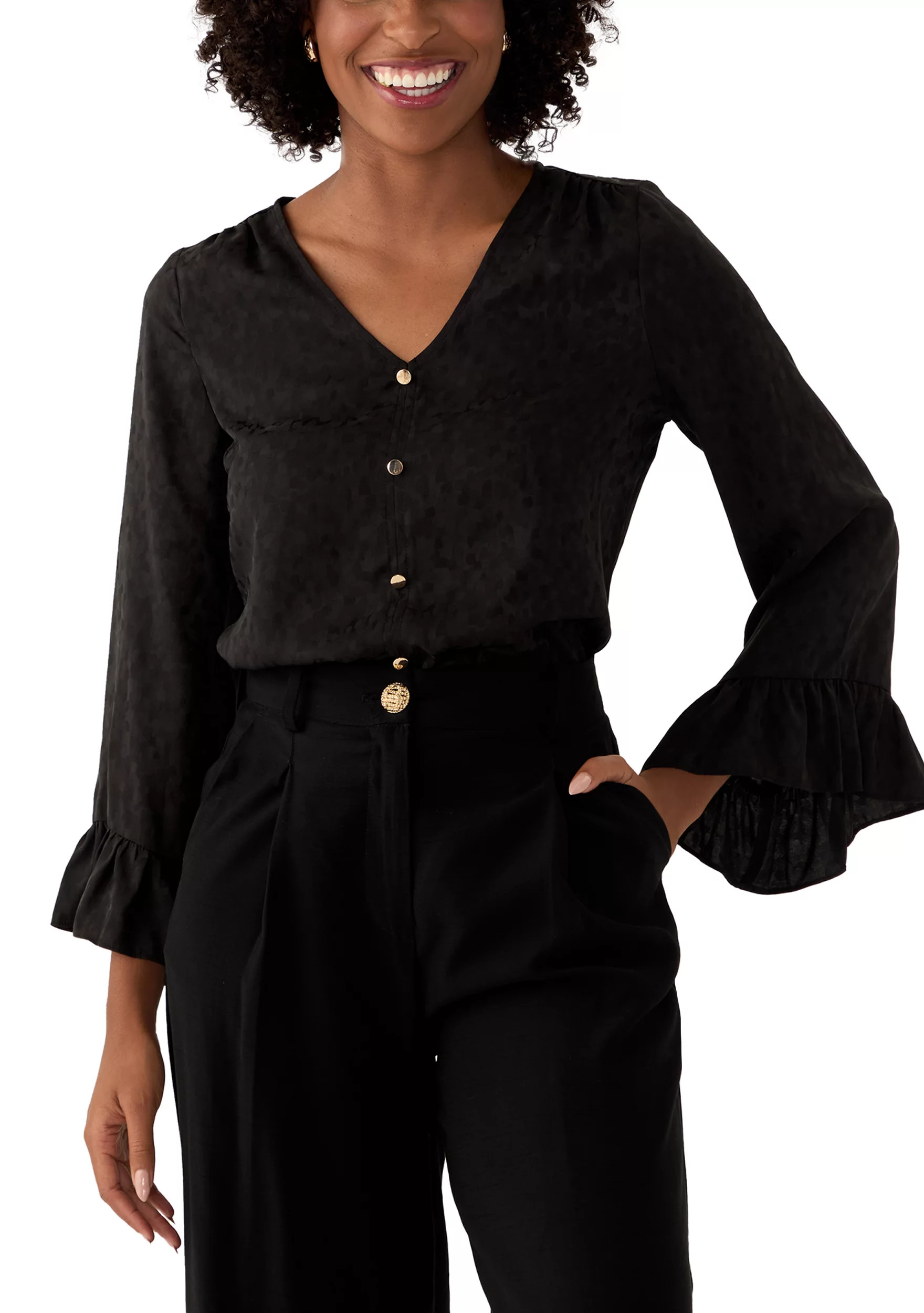 Women's Long Sleeve Satin Jacquard Blouse | Belk