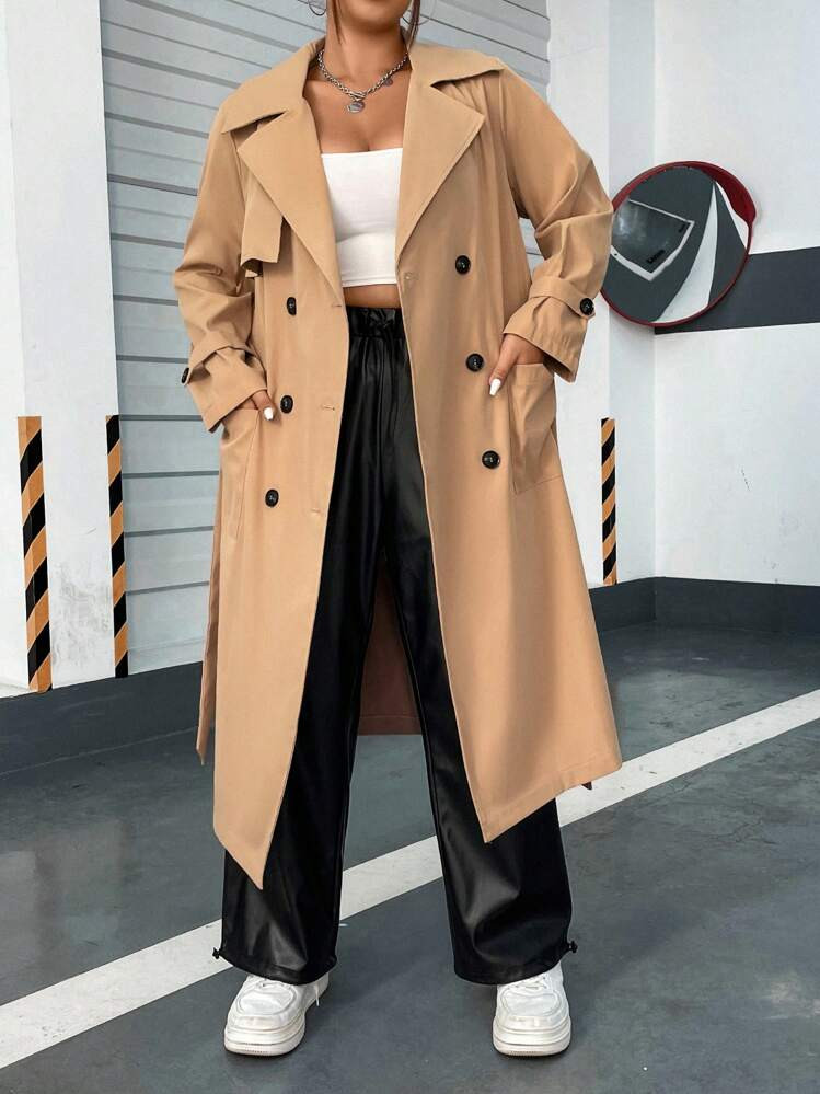 Flirla Plus Double Breasted Belted Trench Coat Fall Winter Cloth For Women Autumn | SHEIN