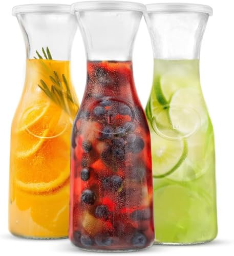 KooK Glass Carafe, Mimosa Bar Supplies, Carafe Pitchers with Lid, Set of 3, Glass Water Pitcher, Drink Dispensers for Parties, Tea, Wine, and Juice, Plastic Lids, Dishwasher Safe, 35 oz | Amazon (US)