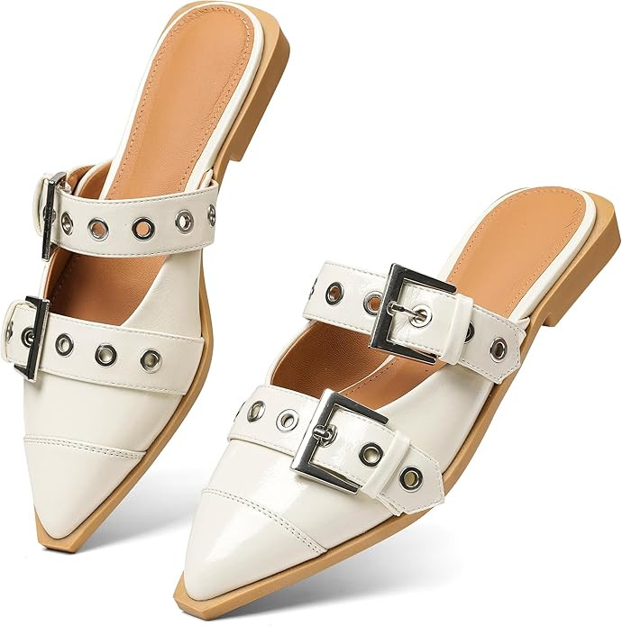 Buckle Flats for Women Pointy Toe Wide Welt Buckled Mules Low Block Heel Slippers Mary Jane Shoes... | Amazon (US)