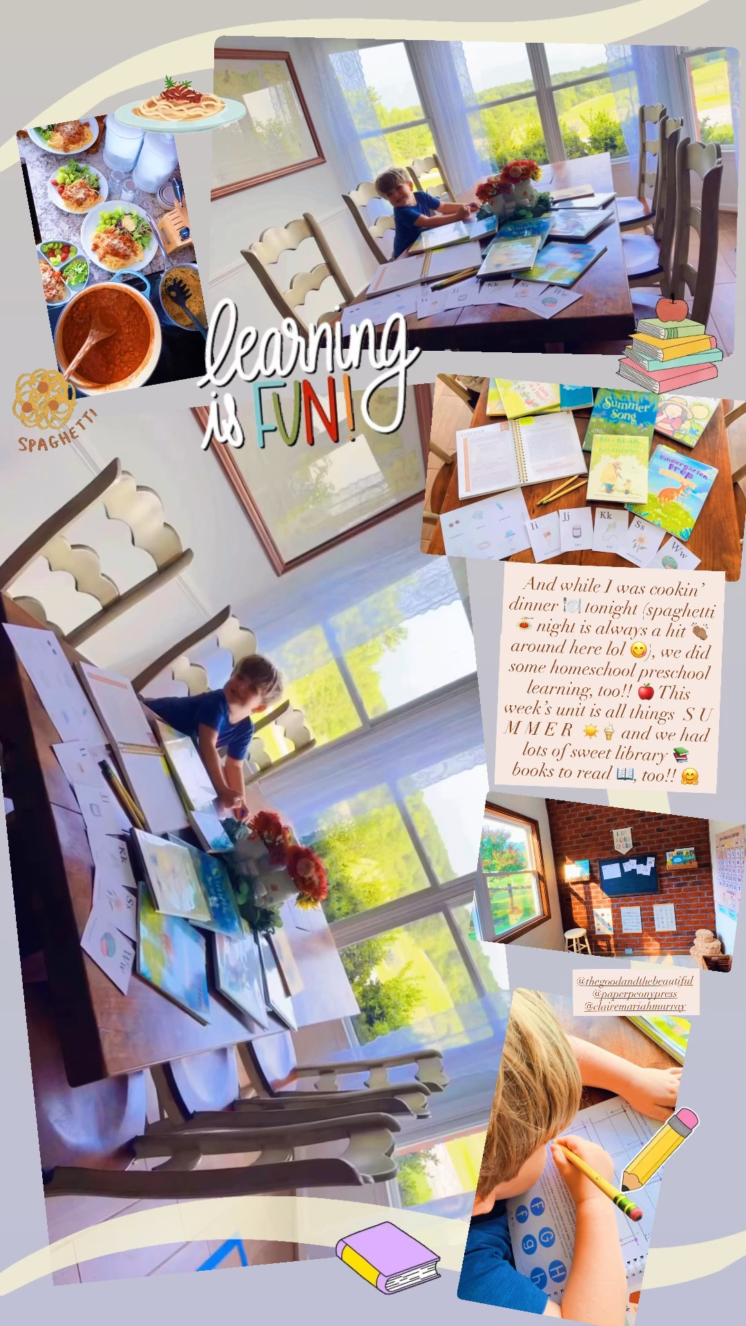 And while I was cookin’ dinner 🍽️ tonight (spaghetti 🍝 night is always a hit 👏🏽 around here lol 😋), we did some homeschool preschool learning, too!! 🍎 This week’s unit is all things  S U M M E R  ☀️🍦 and we had lots of sweet library 📚 books to read 📖, too!! 🤗