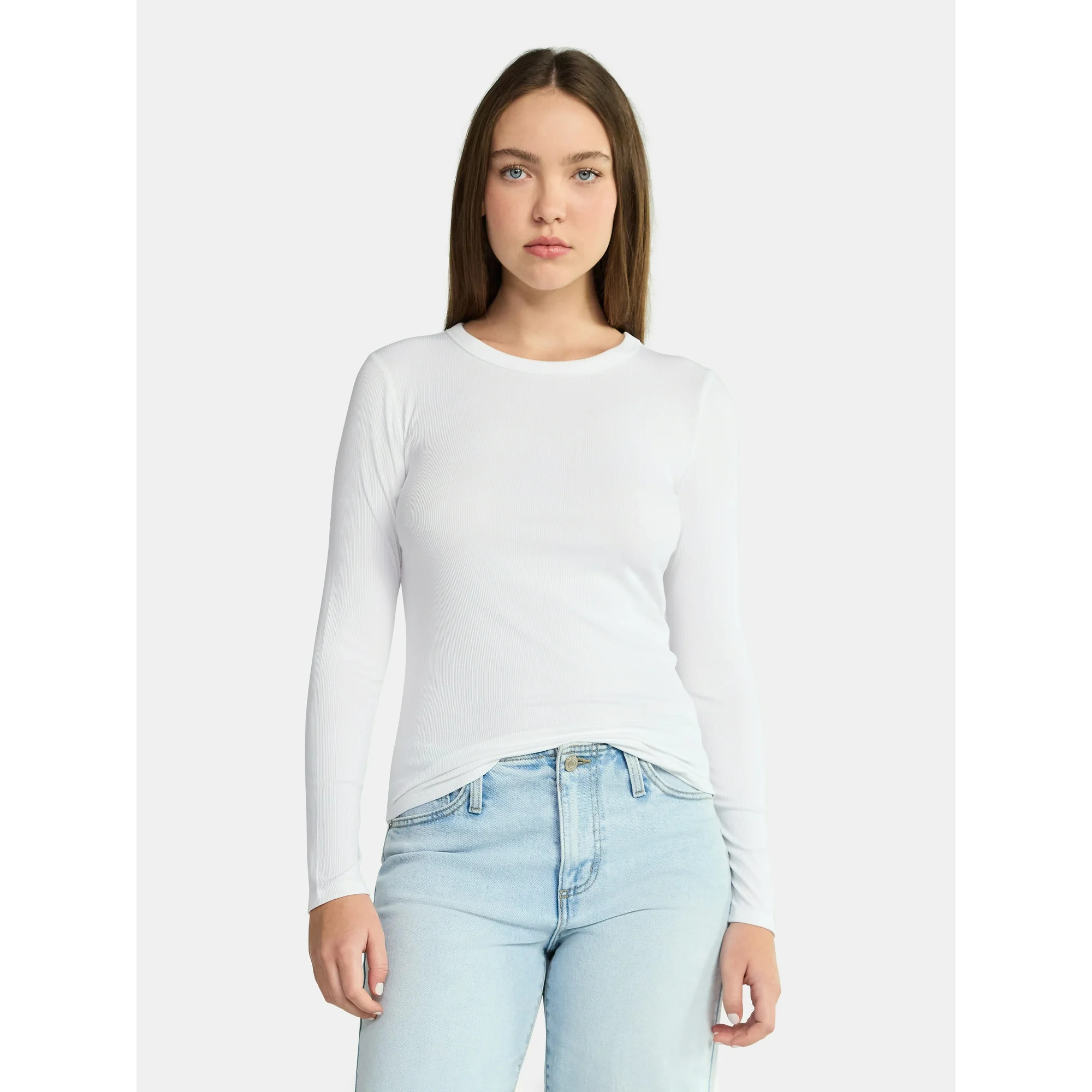 No Boundaries Ribbed Crewneck Tee with Long Sleeves, 1 or 2-Pack, Women's & Women's Plus | Walmart (US)