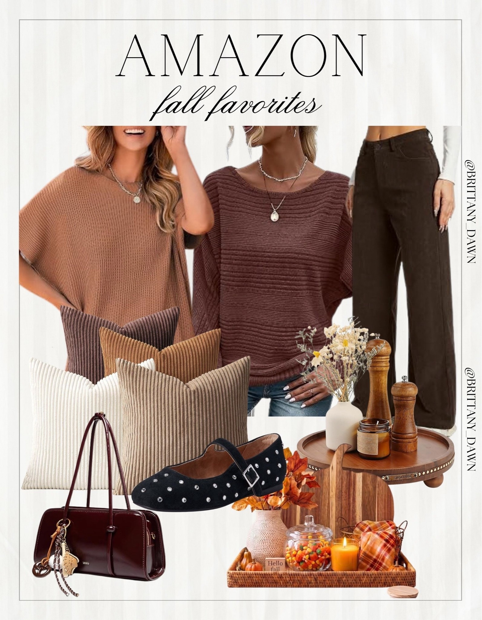 Warm autumn style & home touches! 🍁

I styled oversized knit sweaters, dark trousers, studded Mary Jane flats, and a deep burgundy shoulder bag.

Complemented by ribbed velvet pillows, a wooden serving tray display, and cozy fall kitchen accents. 🍂✨

#AmazonFashion #FallDecor #LTKstyletip #AutumnAesthetic #CozyHome #OOTD #HomeStyling #AmazonHome

#LTKootd #LTKSeasonal #LTKHome
