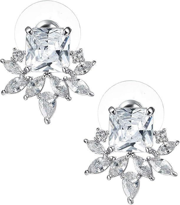 SWEETV CZ Cluster Bridal Wedding Bridesmaids Earrings, Crystal Stud Earrings for Women Girls | Amazon (US)