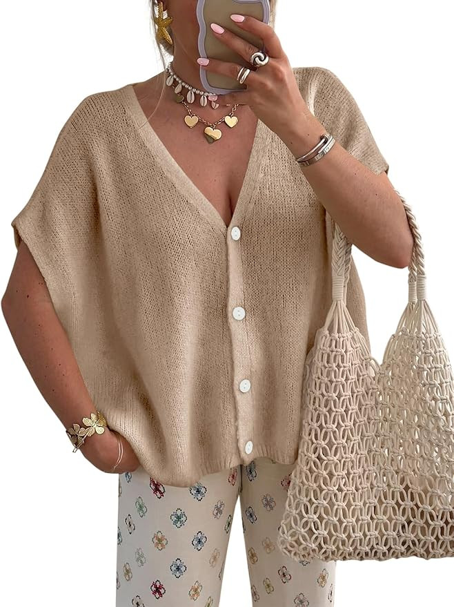 PRETTYGARDEN Womens 2026 Summer Oversized Cardigans Sweaters | Batwing Short Sleeve Lightweight C... | Amazon (US)