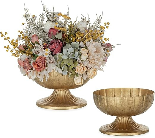 NUPTIO Distressed Gold Vases for Centerpieces: Rustic Brass Compote Vases for Flowers - Metal Ped... | Amazon (US)