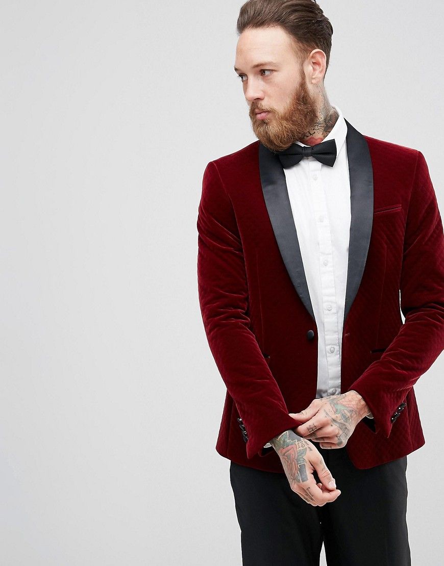 ASOS Skinny Blazer In Burgundy Quilted Velvet - Red | ASOS US