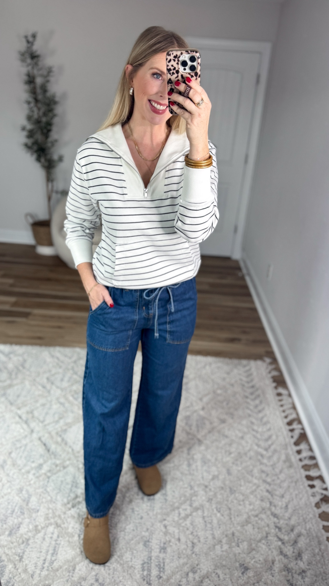 Weekend Walmart Wins try-on
Striped half zip pullover- small
Elastic waist jeans- small 

#LTKootd #LTKFindsUnder50