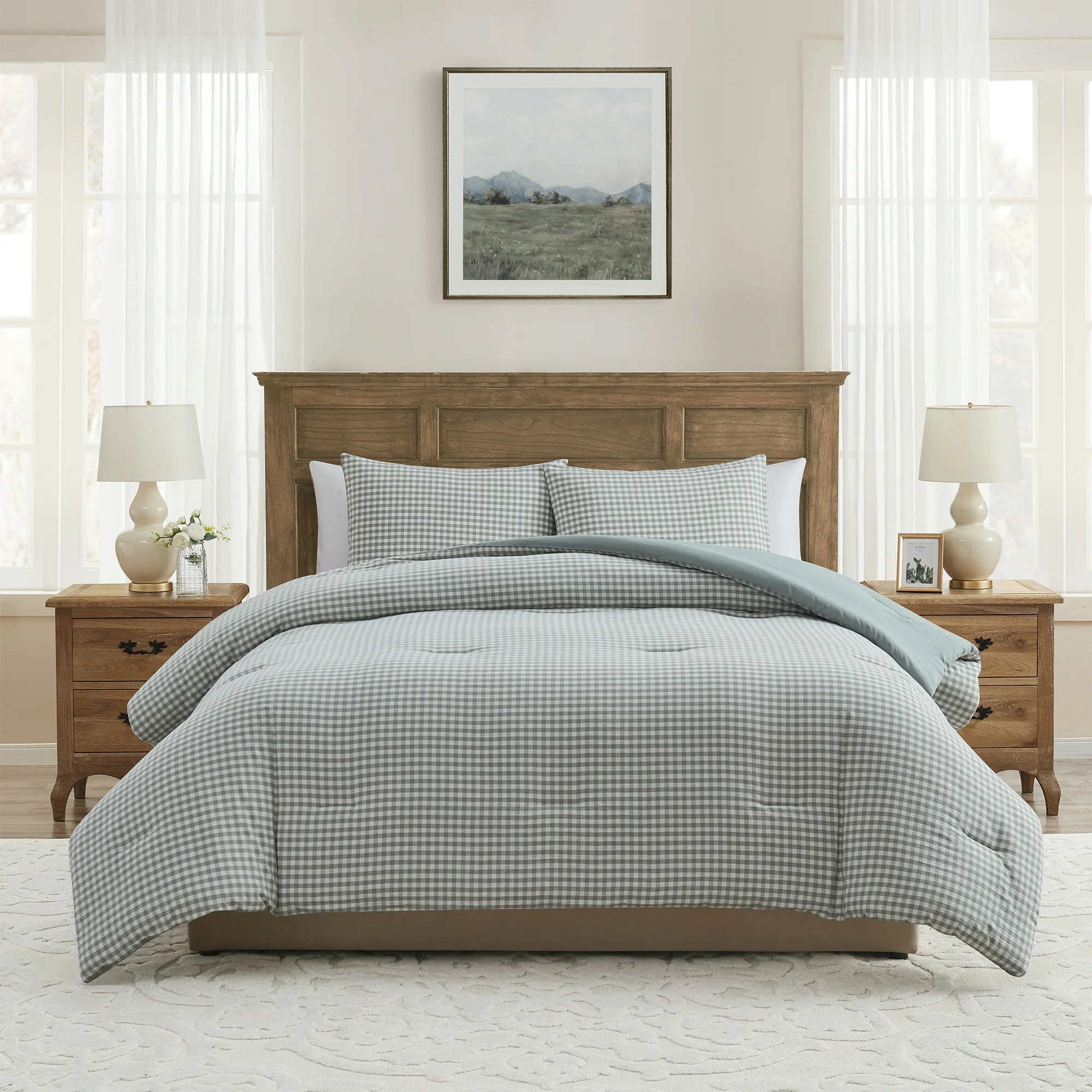 My Texas House Full/Queen Comforter Set, All-Season, 3-Piece, Green Gingham Plaid | Walmart (US)