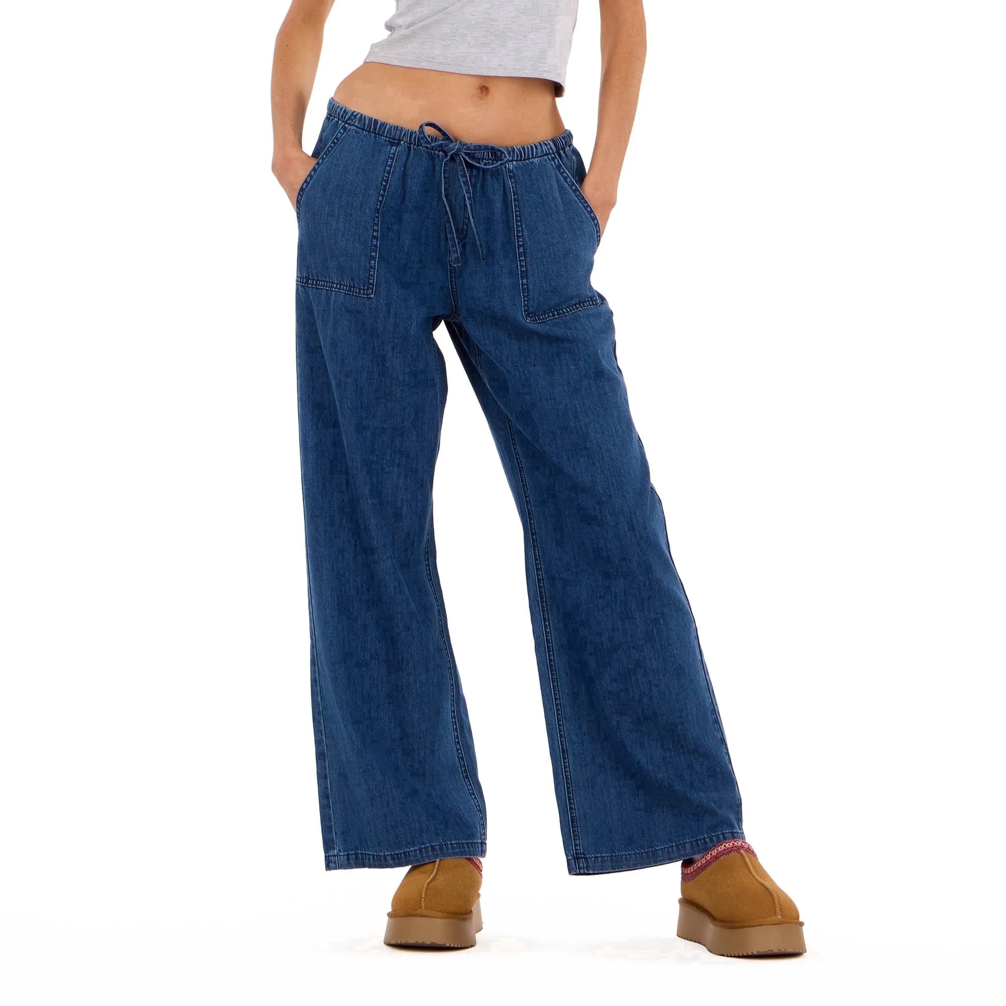 Forever 21 Women’s Wide Leg Lightweight Denim Pants with Adjustable Drawstring Waist, Side Pock... | Walmart (US)