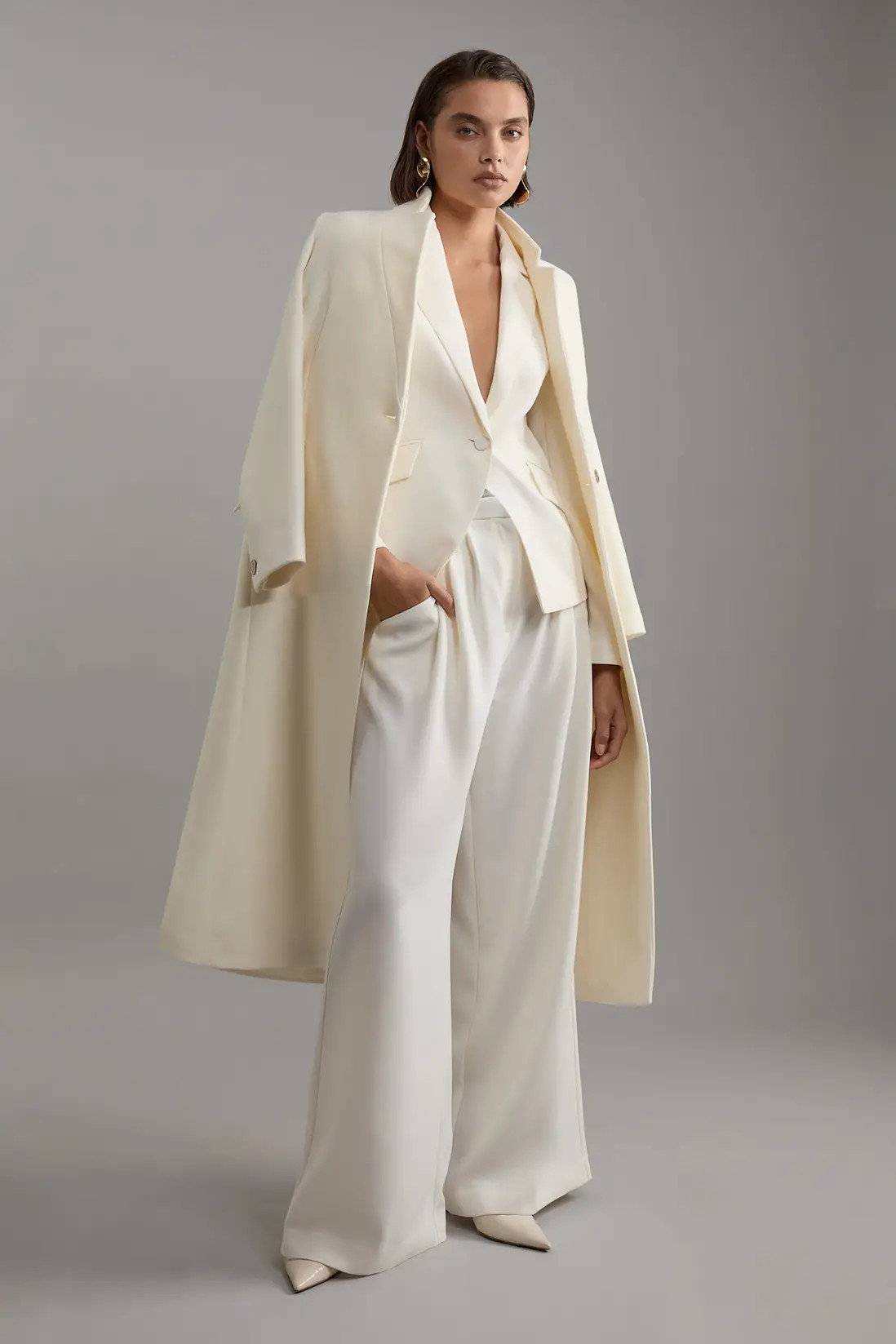 Ivory Tailored Crepe Pleat Detail Wide Leg Trousers | Karen Millen | Karen Millen UK + IE + DE + NL