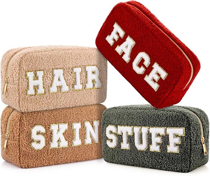 Paterr 4 Pcs Christmas Chenille Letter Preppy Patches Makeup Bag Plush Fuzzy Makeup Bag Hair Skin... | Amazon (US)